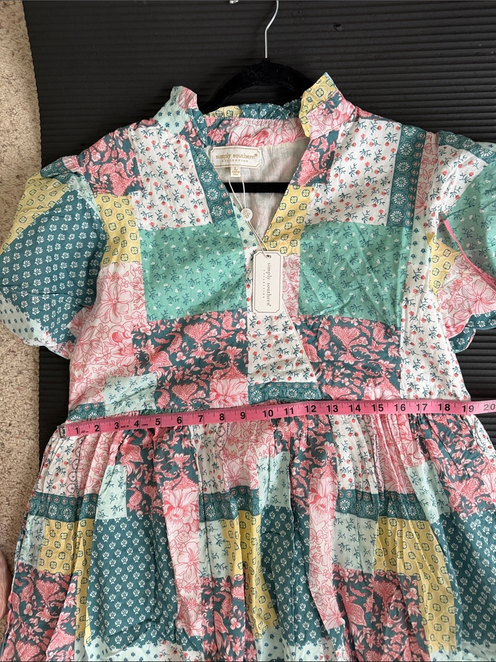 Simply Southern NWT Patchwork Floral Short Sleeve Dress — Pink, Green & Yellow - Picture 7 of 7